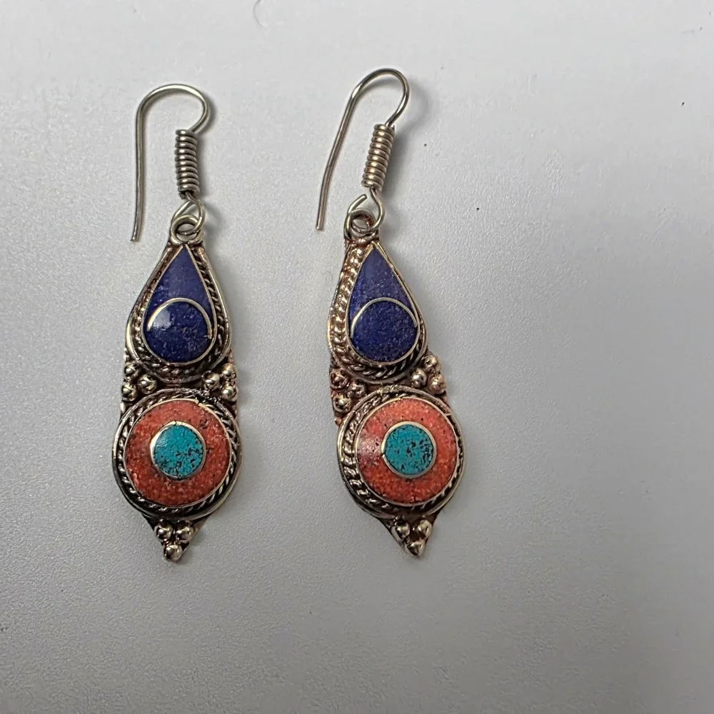 Tibetan Handmade Dangle Earrings Turquoise,‎ red coral, lapis Gemstones #0156